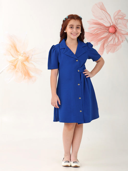 Girls Dresses Blue Short Sleeve Shirt Collar