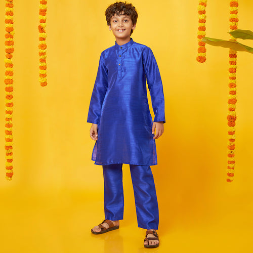 Royal Blue Silk Kurta With Pajama Set For Father-Son
