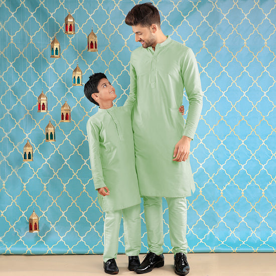 Green Silk Kurta With Pajama Set For Father-Son
