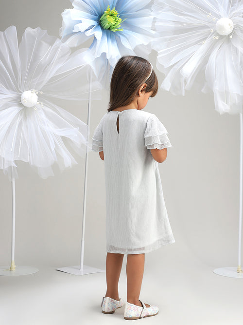 Girls Silver Shimmer Polyester Dress Glam Party Wear for Kids