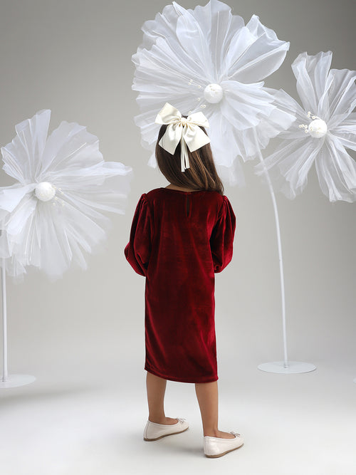 Girls Maroon Polyester Dress Elegant and Soft Festive Wear