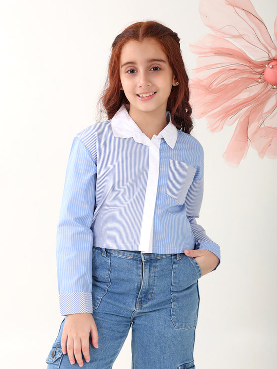Girls Tops Blue Long Sleeves Shirt Collar