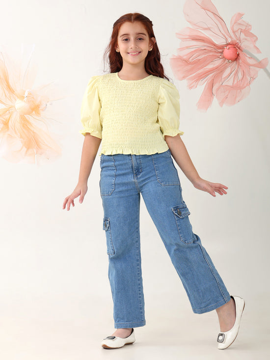 Girls Tops Yellow Short Sleeves Round Neck