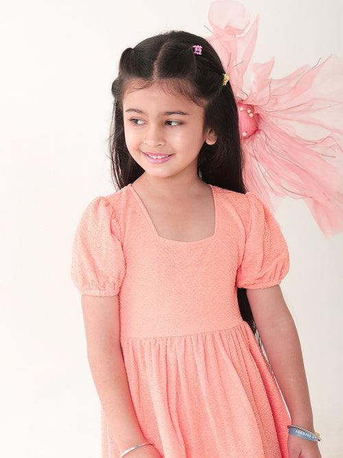 Girls Dresses Peach Half Sleeve Round