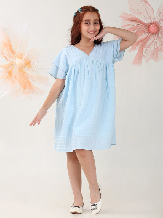 Girls Dresses Blue Short Sleeve Round Neck