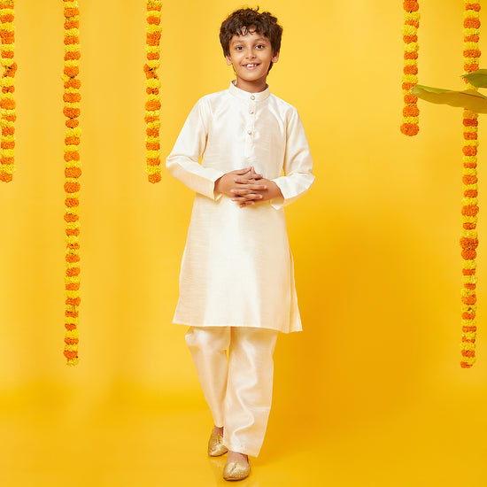 Off-White Silk Kurta With Pajama Set For Son