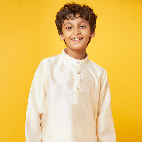 Off-White Silk Kurta With Pajama Set For Father-Son