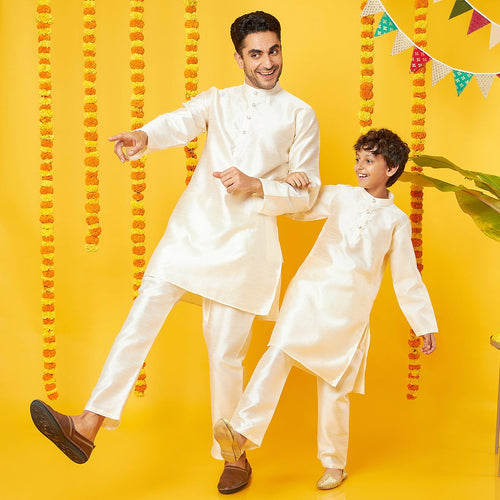 Off-White Silk Kurta With Pajama Set For Father-Son