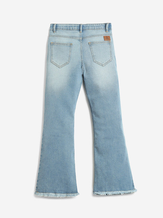 Girls Jean Straight Fit Mildly Distressed Light Fade Cotton Jeans