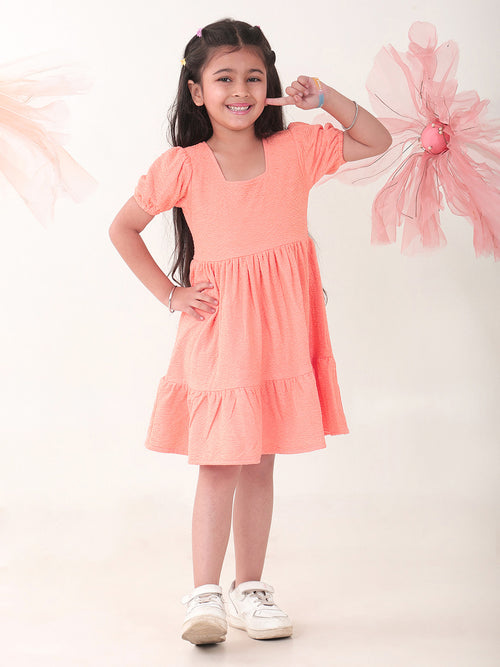 Girls Dresses Peach Half Sleeve Round