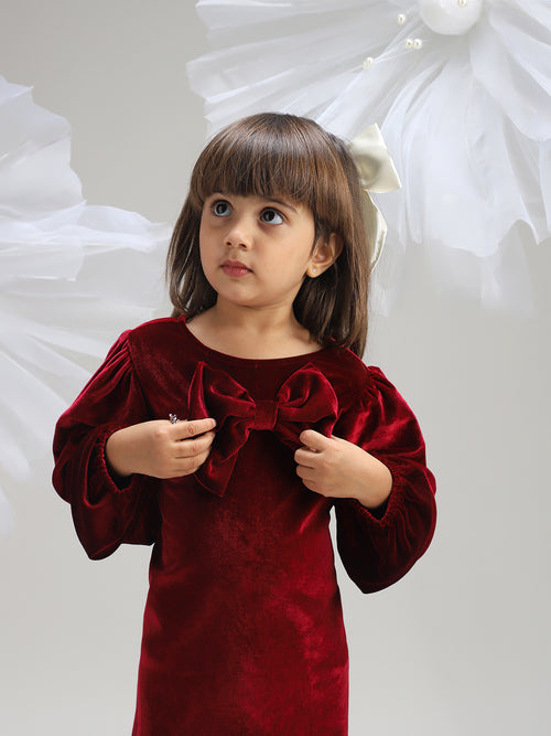 Girls Maroon Polyester Dress Elegant and Soft Festive Wear