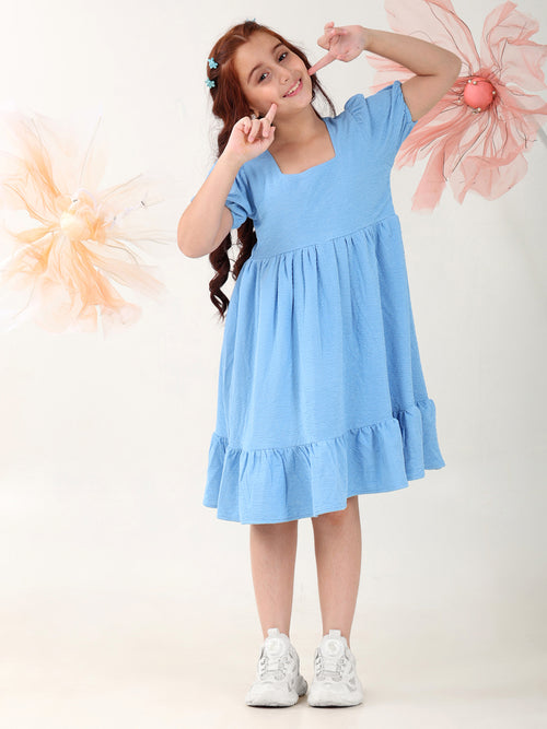 Girls Dresses Blue Short Sleeve Round Neck
