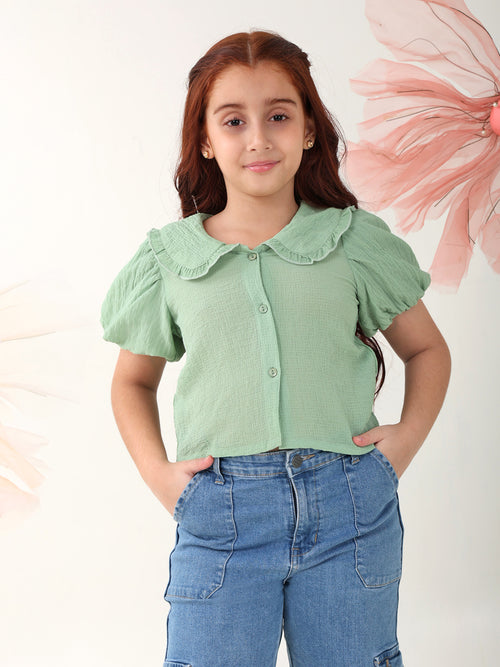 Girls Tops Green Short Sleeves Shirt Collar