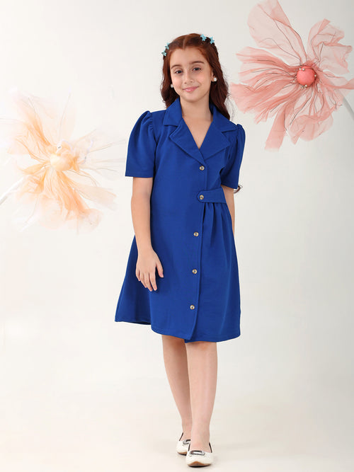 Girls Dresses Blue Short Sleeve Shirt Collar