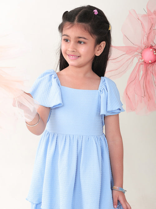 Girls Dresses Blue Half Sleeve Round