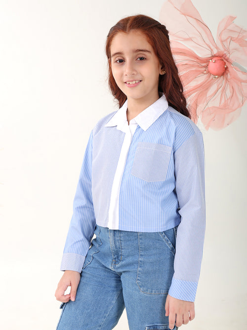 Girls Tops Blue Long Sleeves Shirt Collar