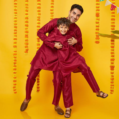 Red Silk Kurta With Pajama Set For Father-Son