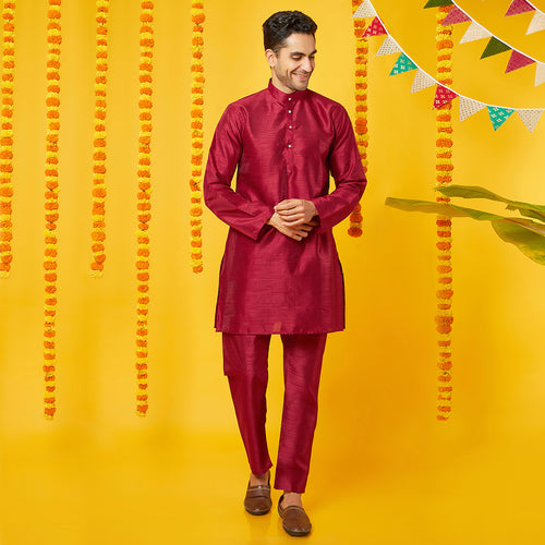 Red Silk Kurta With Pajama Set For Father-Son
