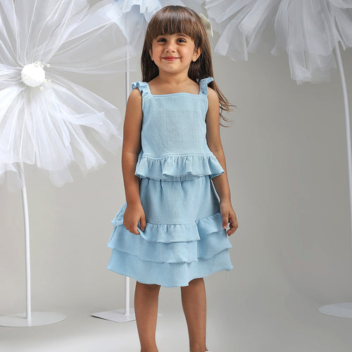 Girls Blue Polyester Dress Fancy Party Wear for Kids|BON12348