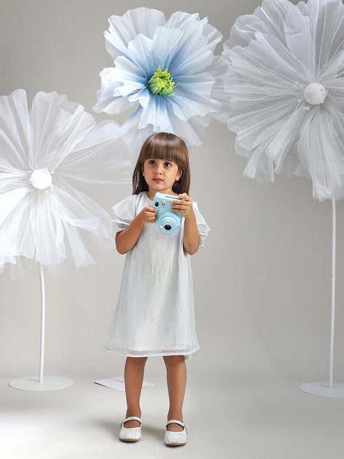 Girls Silver Shimmer Polyester Dress Glam Party Wear for Kids