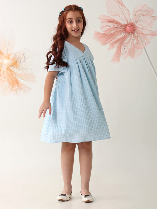 Girls Dresses Blue Short Sleeve Round Neck