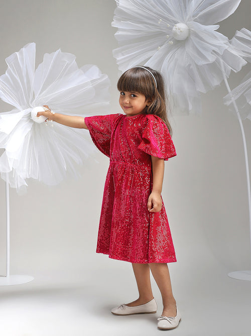 Girls Red Polyester Dress Beautiful Festive and Party Outfit