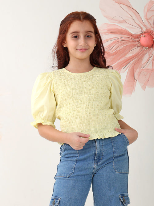 Girls Tops Yellow Short Sleeves Round Neck