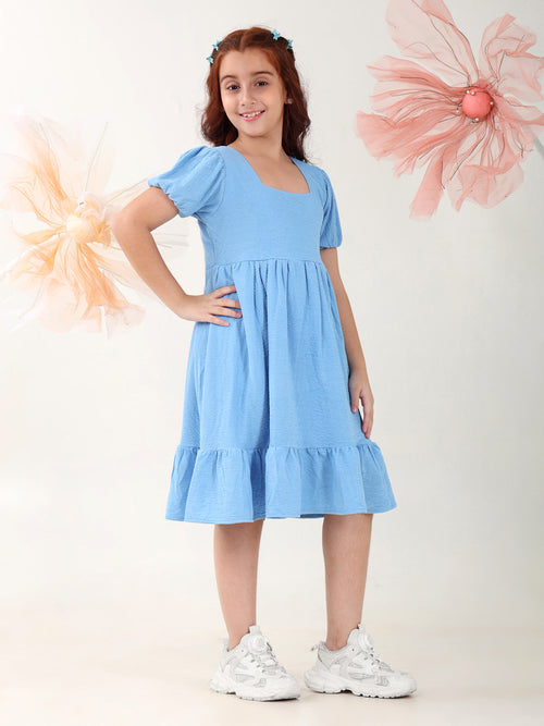 Girls Dresses Blue Short Sleeve Round Neck