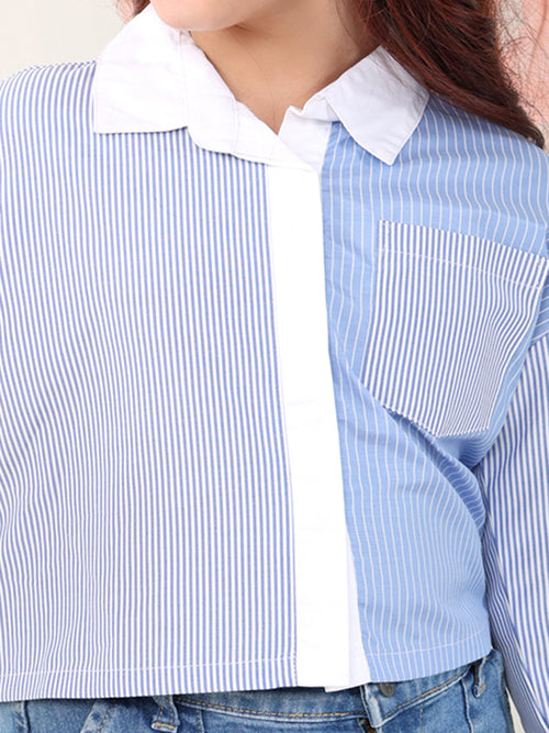 Girls Tops Blue Long Sleeves Shirt Collar