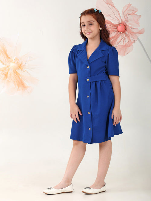 Girls Dresses Blue Short Sleeve Shirt Collar