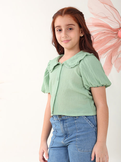 Girls Tops Green Short Sleeves Shirt Collar