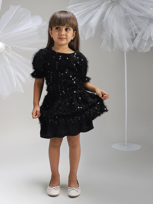 Girls Black Polyester Dress Stylish Evening and Party Outfit