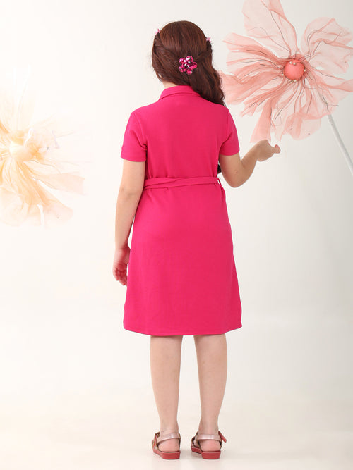 Girls Dresses Pink Short Sleeve Shirt Collar