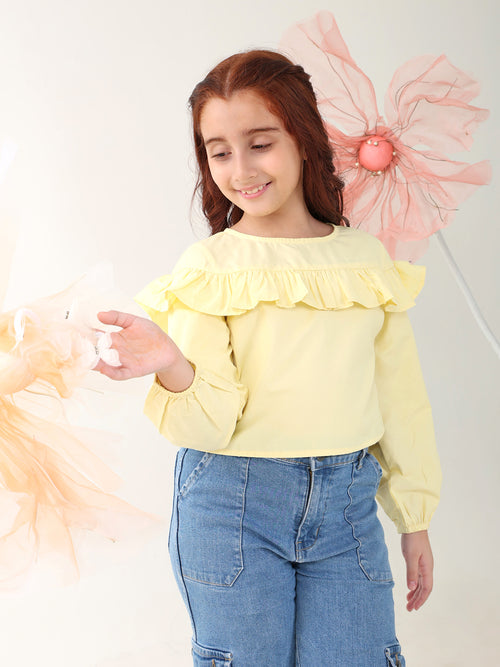 Girls Tops Yellow Long Sleeves Round Neck