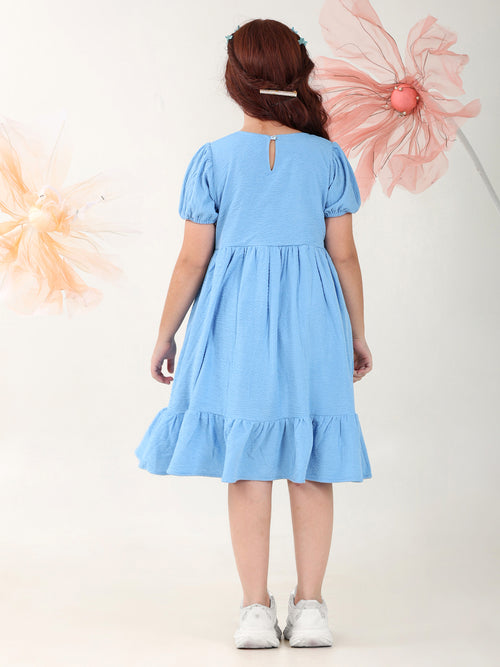 Girls Dresses Blue Short Sleeve Round Neck