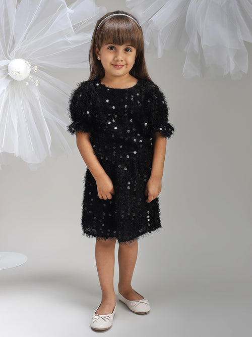 Girls Black Polyester Dress Stylish Evening and Party Outfit