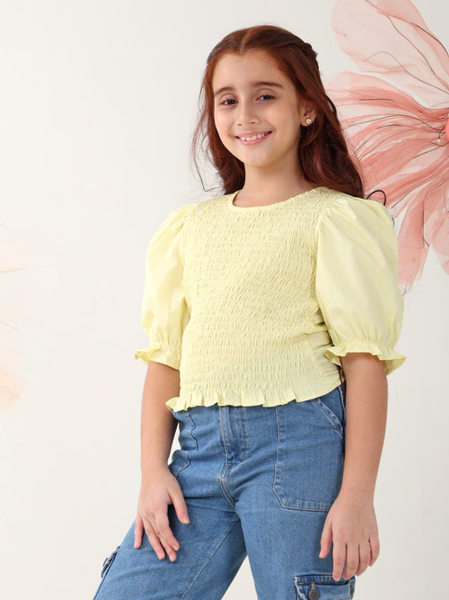 Girls Tops Yellow Short Sleeves Round Neck