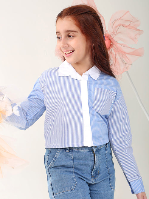 Girls Tops Blue Long Sleeves Shirt Collar