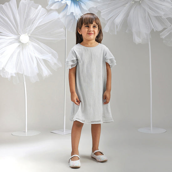 Girls Silver Shimmer Polyester Dress Glam Party Wear for Kids