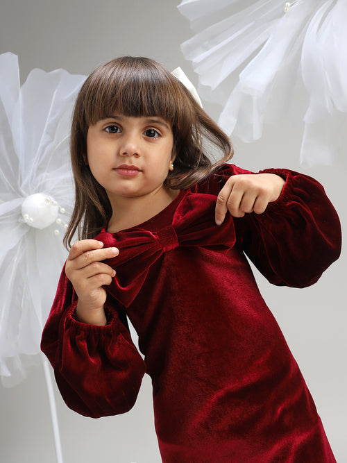 Girls Maroon Polyester Dress Elegant and Soft Festive Wear