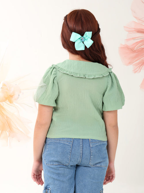 Girls Tops Green Short Sleeves Shirt Collar