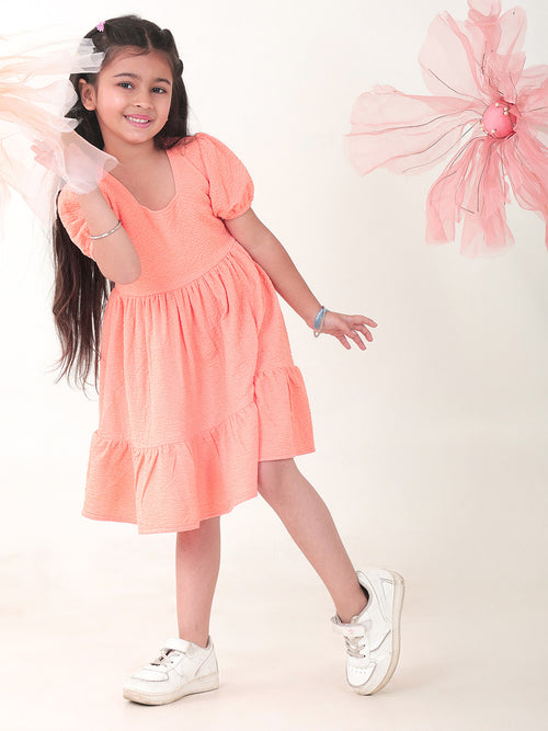 Girls Dresses Peach Half Sleeve Round