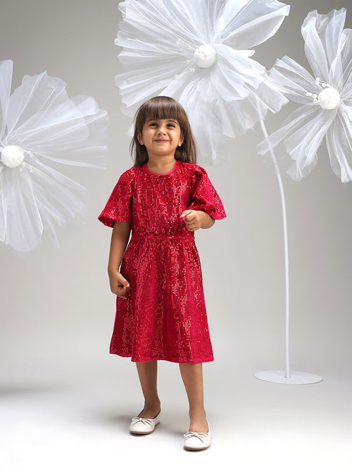 Girls Red Polyester Dress Beautiful Festive and Party Outfit