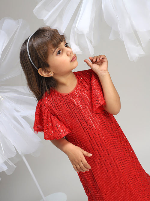 Girls Red Polyester Dress Beautiful Festive and Party Outfit