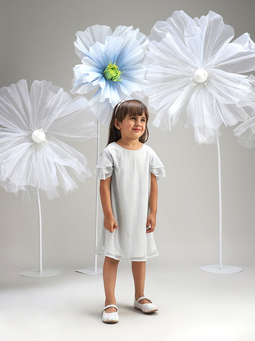 Girls Silver Shimmer Polyester Dress Glam Party Wear for Kids