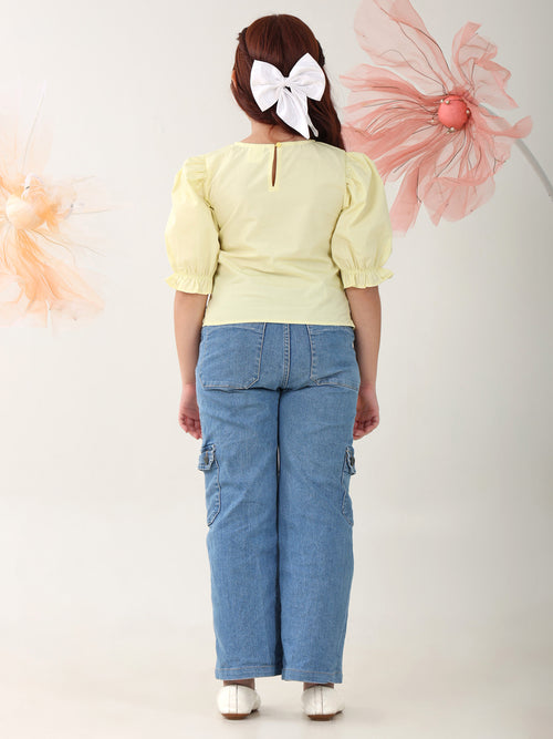 Girls Tops Yellow Short Sleeves Round Neck