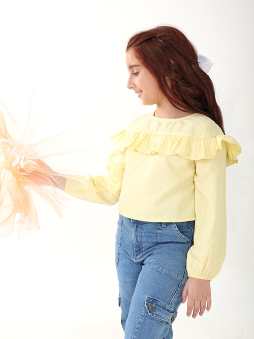 Girls Tops Yellow Long Sleeves Round Neck