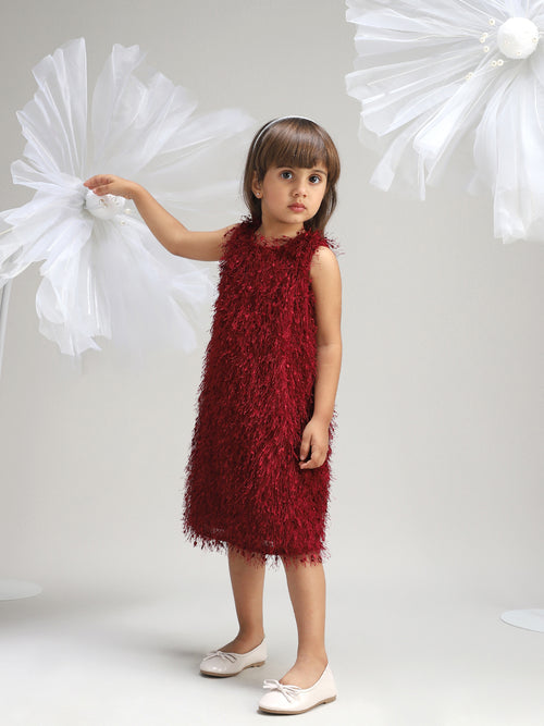 Girls Maroon Polyester Dress Elegant and Soft Festive Wear