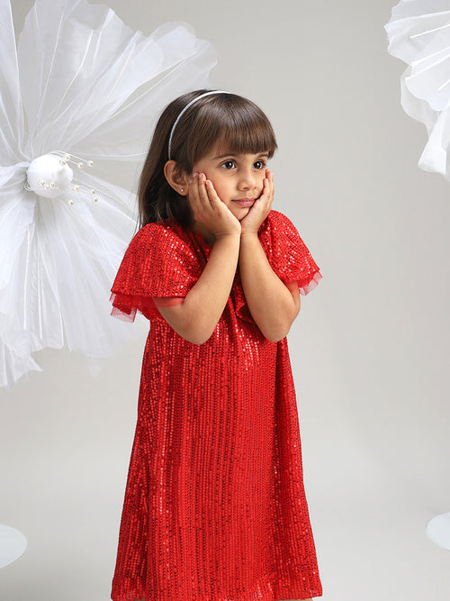 Girls Red Polyester Dress Beautiful Festive and Party Outfit