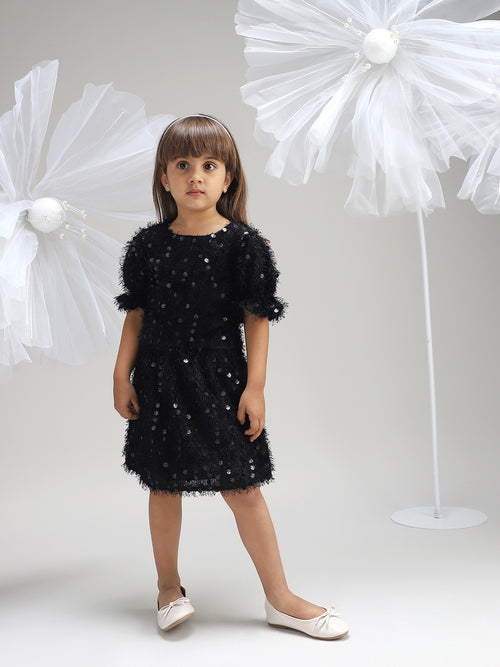 Girls Black Polyester Dress Stylish Evening and Party Outfit